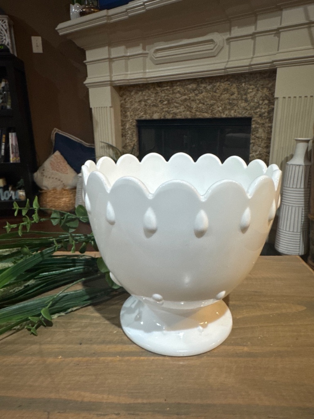 Heavy footed Tear Drop White Milk Glass bowl 7''  tall x 7” wide Farmhouse Style